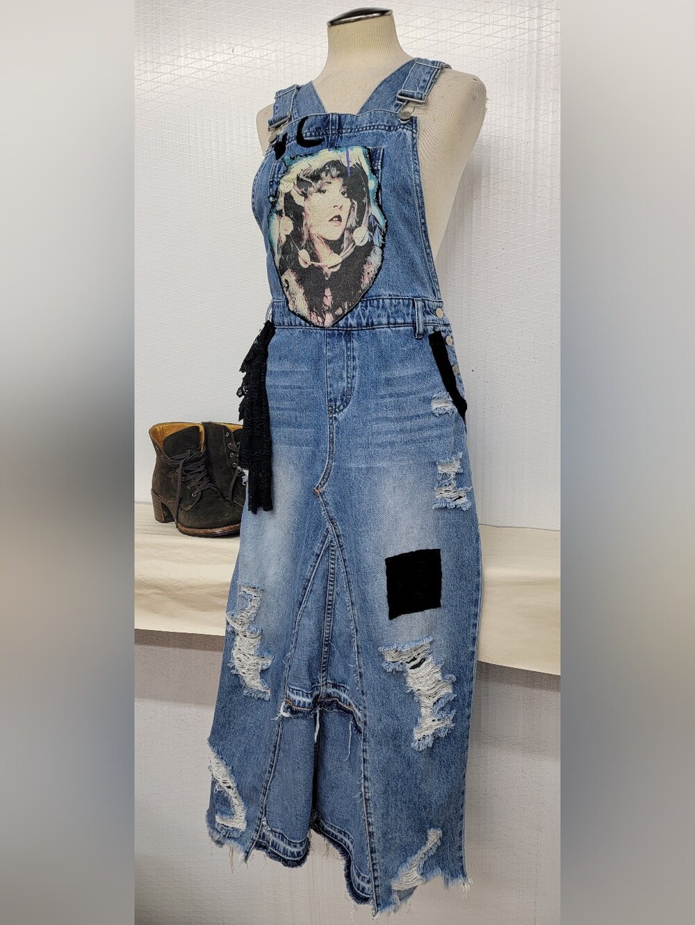 Stevie Nicks Overalls Maxi Dress - Cottage Vamp - Upcycled - Picture 6 of 14